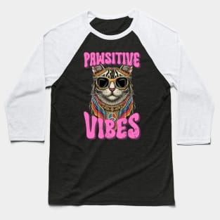 Pawsitive Vibes, Retro Groovy Style Hippie Cat Lover Design Baseball T-Shirt